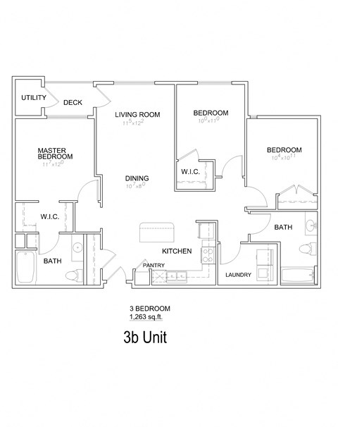 Floor plan for 3 beds, 2 baths, 1263 sqft